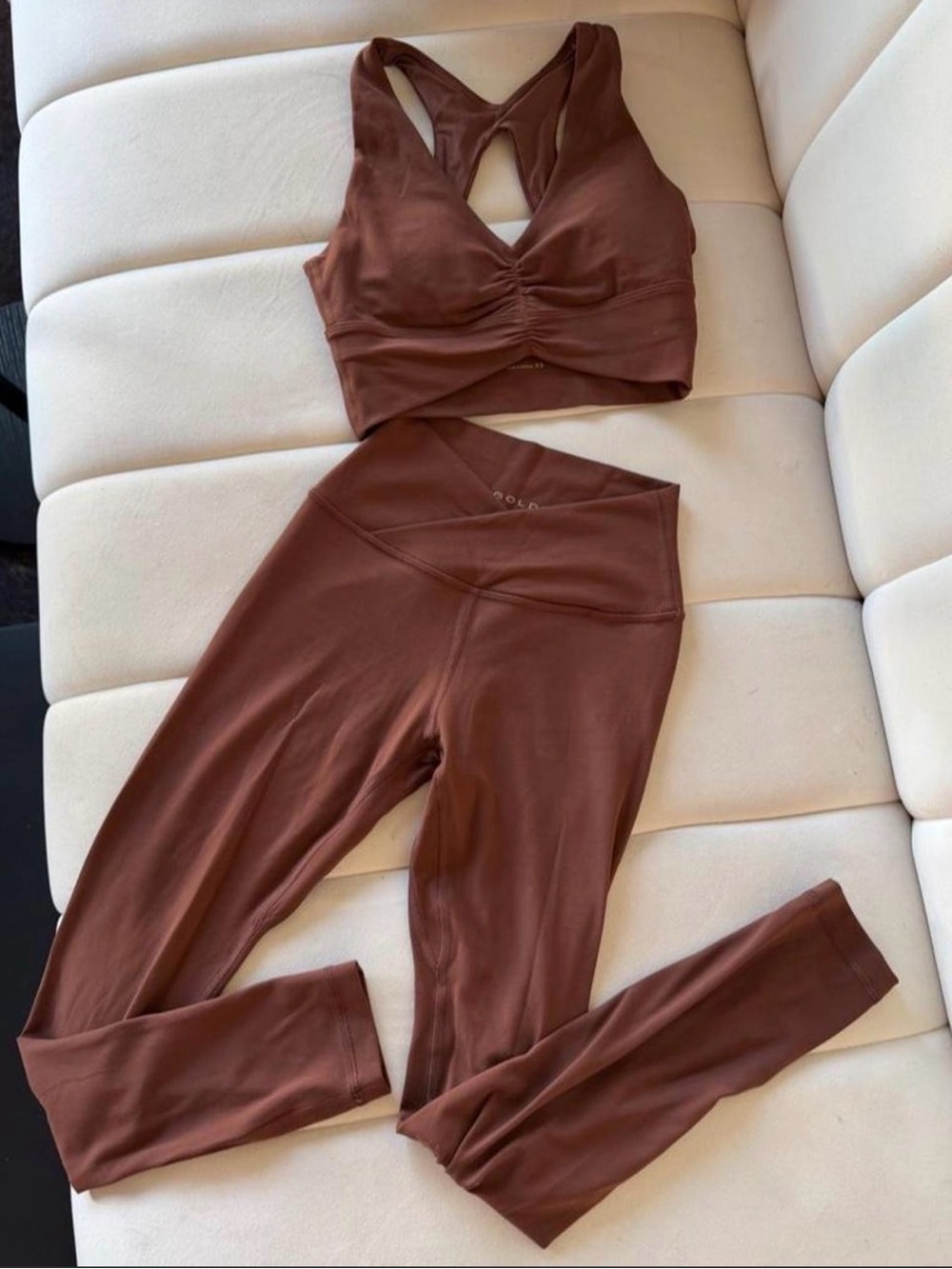 Aritzia Chocolate Brown High-Rise Leggings & Ruched Racerback Crop Top Set